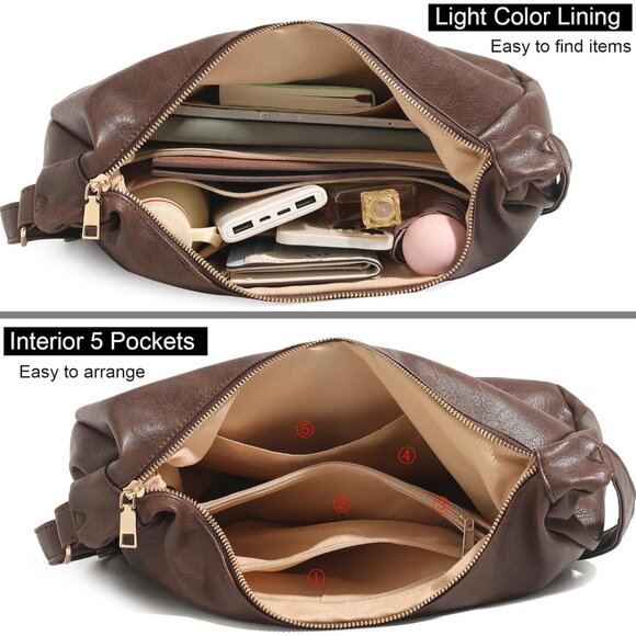 Hobo Bags for Women Foldable Vegan Leather Shoulder Handbag Slouchy Tote Crossbo - Picture 4 of 9